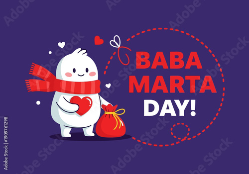 A cartoon character on baba marta day with a purple background
