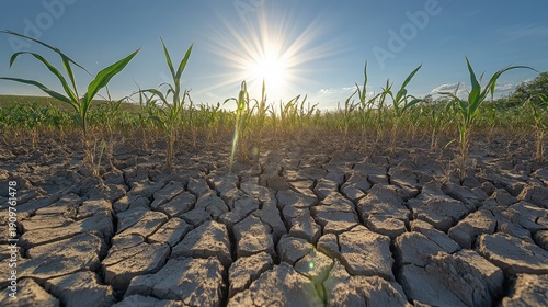 Sun shines brightly over a parched cracked earth field with young corn plants struggling to grow in a severe drought