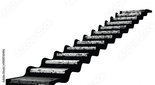 Old weathered staircase steps going up isolated on white background, worn concrete or stone stairway ascending diagonally, empty minimalist design element