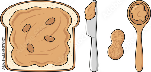 Peanut Butter Vector Illustration Set with Creamy Spread on Bread Toast Knife with Butter Peanut Shell and Wooden Spoon