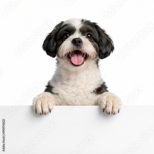 A Shih Tzu dog leaning against a white wall, happily looking at the camera - um cachorro Shih Tzu apoiado sobre um muro branco olhando feliz para a câmera