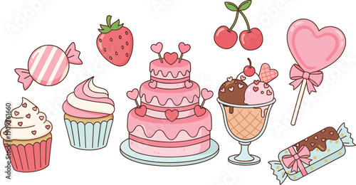 Pink Sweets and Desserts Vector Illustration Set with Three Tier Cake Cupcakes Ice Cream Sundae Candy and Heart Lollipop