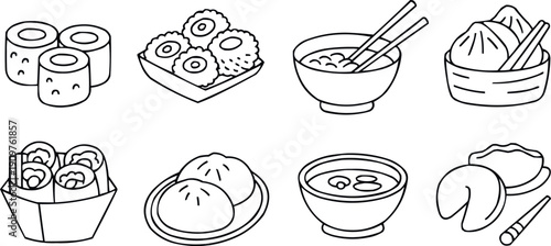 Eight illustrations of Asian food including sushi, noodles, steamed buns, and soup, simple outline