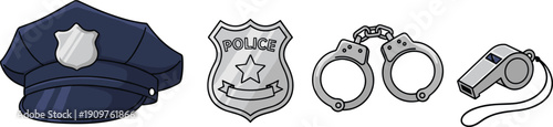 Police Equipment Vector Illustration Set Featuring Dark Blue Officer Hat Silver Badge Metal Handcuffs and Whistle Icons