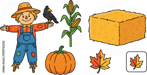Autumn Harvest Theme Vector Illustration Set with Friendly Scarecrow Pumpkin Corn Stalk Hay Bale and Colorful Fall Leaves