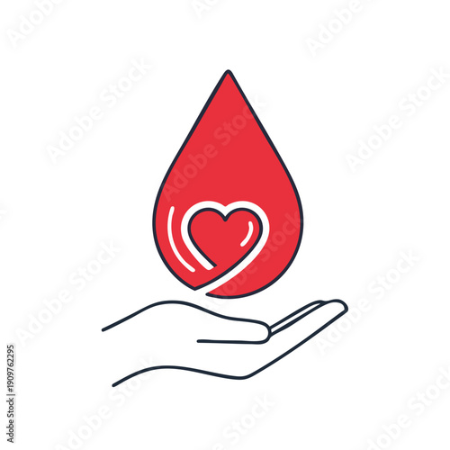 A hand holding a red drop with a heart inside it, symbolizing blood donation and care