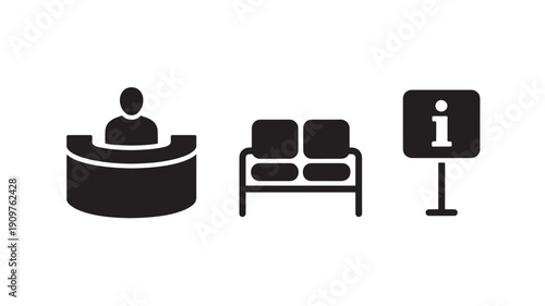 Vector Illustration Of Hotel Reception Desk, Sofa, And Information Sign For Hospitality And Travel Concept