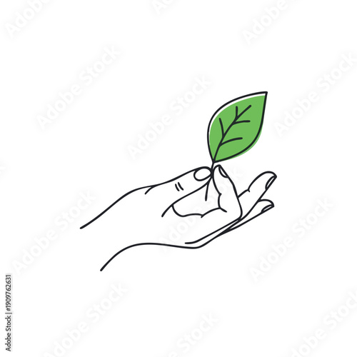 Hand holding a green leaf illustration showcasing care and nurturing with a minimalist design