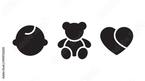 Vector Illustration Of Baby Head, Teddy Bear, And Heart On White Background For Love And Care Concept