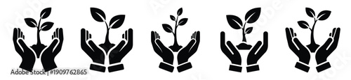 National Arbor Day sapling in hands vector icon set. Arbor Day creative concept and Simple illustration, icon design solid black color with white background.