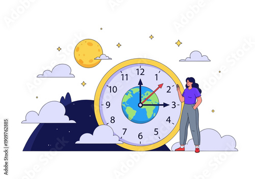 Woman standing next to a large clock with a globe on its face