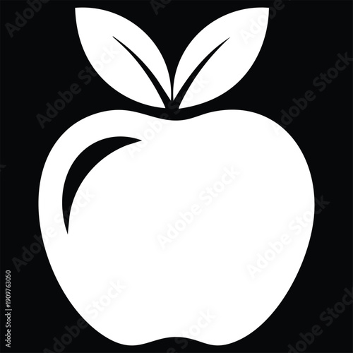 White apple with two leaves on black background for healthy food concepts Keywords: apple, fruit