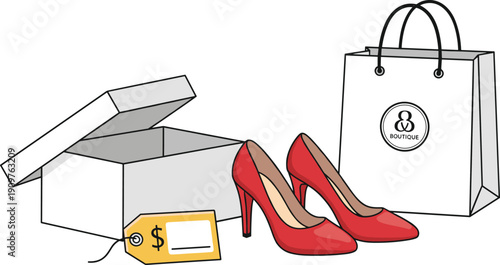 Red High Heels Shoes Fashion Illustration Set with Open Shoebox White Paper Shopping Bag and Yellow Price Tag with Dollar Sign