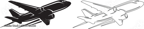 Two stylized airplanes in motion, one black and one outlined, against a white background.