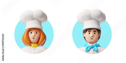 Close-up 3D characters in chef's hats in a round frame on a blue background, avatar.