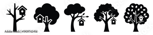 National Arbor Day tree and birdhouse vector icon set. Arbor Day creative concept and Simple illustration, icon design solid black color with white background.