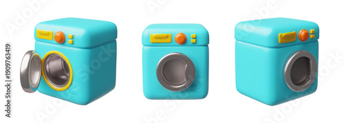 Automatic washing machine 3D cartoon plastic style vector set, laundry equipment, home appliance different angles views