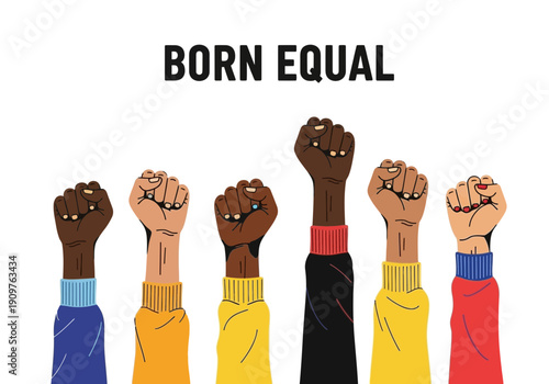 Diverse fists raised in unity