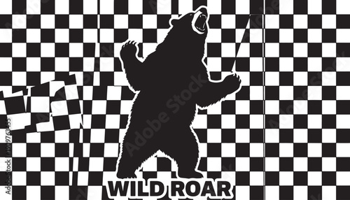 Bear silhouette on checkered background with wild roar text