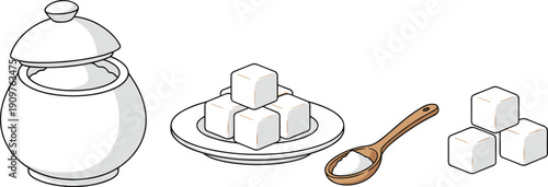 White Sugar Vector Illustration Set with Ceramic Sugar Bowl Pile of Sugar Cubes on Plate and Wooden Spoon with Granulated Sugar