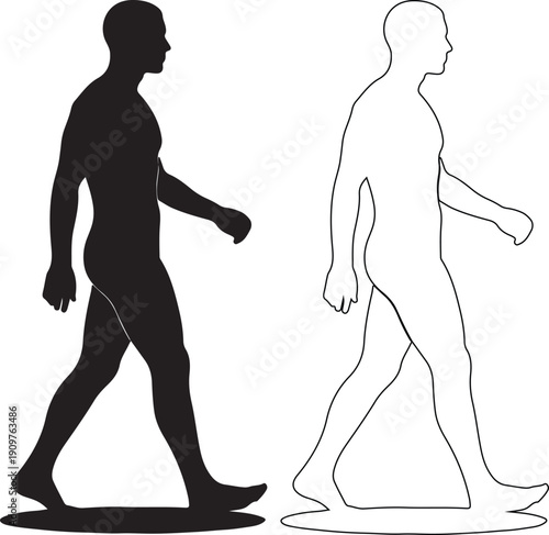 A black silhouette and a line drawing of a man walking side by side on white background.