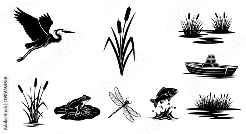 Set of black and white illustrations of pond life, including a heron, cattails, frog, dragonfly, fish, and boat.