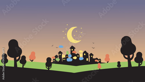 a cartoon illustration of a village on a hill at sunset