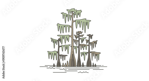 Stylized illustration of cypress trees with Spanish moss, representing a swamp or bayou environment.