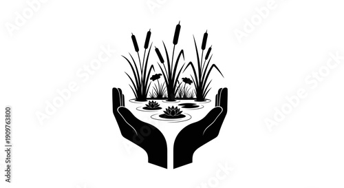 Hands holding a pond with cattails and water lilies, symbolizing nature conservation and environmental protection.