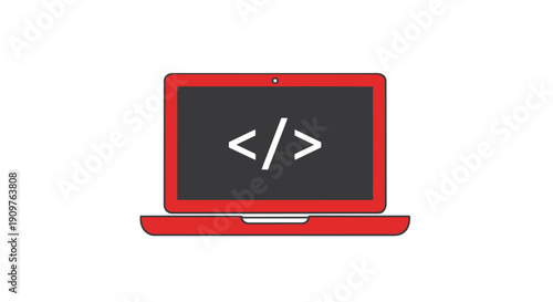 Red laptop computer with code on screen