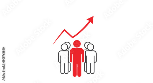 Red person standing out from the crowd with an upward trend arrow