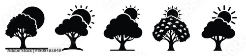 National Arbor Day tree and sun vector icon set. Arbor Day creative concept and Simple illustration, icon design solid black color with white background.