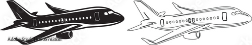 Vector illustration of a commercial airplane in flight, depicted in black and white, showcasing detailed design elements.