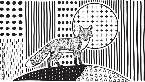 black and white drawing of a fox on a hill