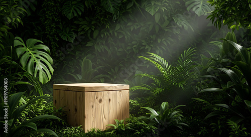 Wallpaper Mural Natural Wood Podium in Lush Tropical Jungle with Sunlight Rays for Product Presentation Torontodigital.ca