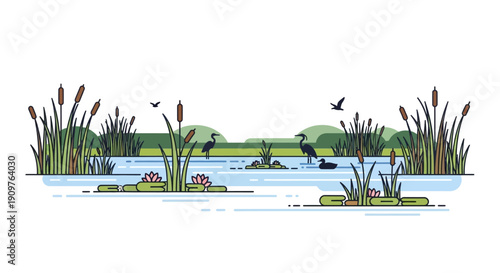 Minimalist illustration of a serene pond with reeds, water lilies, and various birds in a natural landscape.