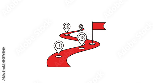 A red golf course path with flag and location markers