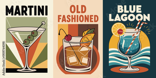 Old Fashioned Poster, classic cocktail with cherry and orange peel in rocks glass retro bar illustration