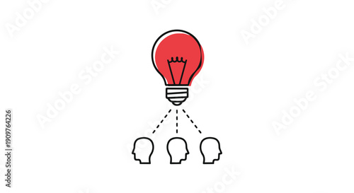 A red light bulb with three heads looking up at it with dotted lines