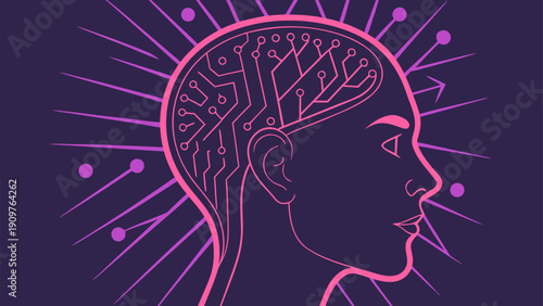 Digital artificial intelligence head with embedded circuit board, connected by network lines on futuristic engineering background.