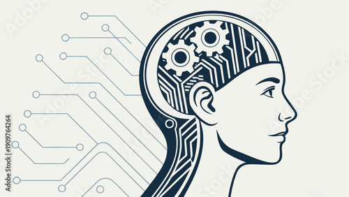 Realistic AI concept with glowing circuitry inside human head, symbolizing machine learning, data processing, and innovation technology.