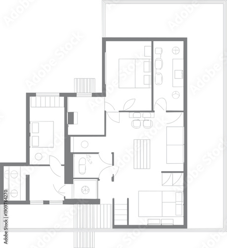 Modern apartment floor plan vector illustration featuring three bedroom layout with spacious living area private balcony and detailed architectural residential home design.