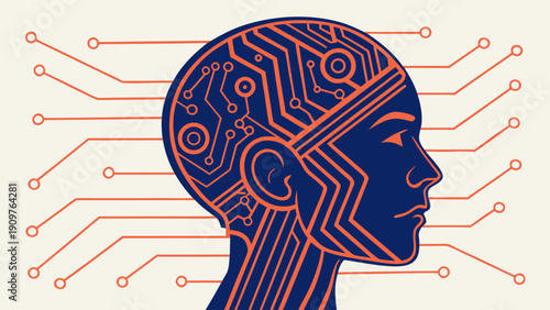 Artificial intelligence concept featuring computer mind connections inside human head, symbolizing neural networks and advanced digital technology.