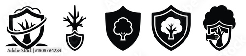 National Arbor Day tree protection shield vector icon set. Arbor Day creative concept and Simple illustration, icon design solid black color with white background.