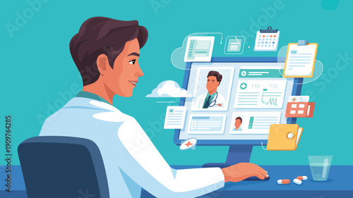 A male doctor conducts a virtual medical consultation on a computer showing patient profiles and health metrics