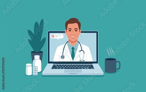 A male physician smiles from a laptop screen offering virtual healthcare services and medical guidance