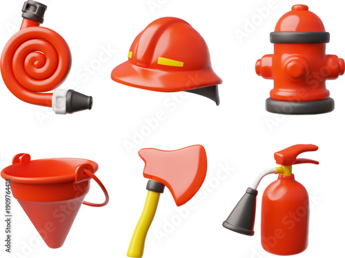 Rireplug, fire extinguisher and hose, firefighter's helmet, bucket, axe 3D icons vector set, emergency safety equipment