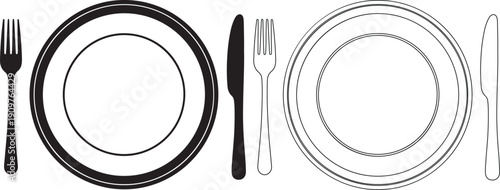 Simple black and white illustration of dinner plate and cutlery setup for a formal dining experience.