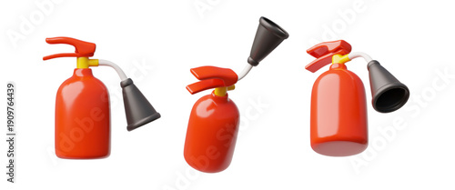Red fire extinguisher 3D icons vector set, carbon dioxide fire extinguisher with nozzle, portable emergency equipment