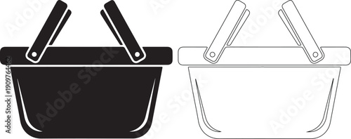 Simple black and white illustration of a metal bucket with handles on a white background, perfect for design projects.